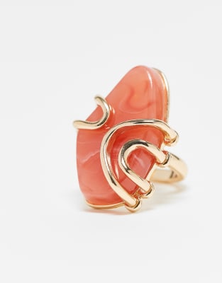Asos Design Ring With Faux Semi Precious Pink Stone In Gold