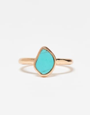Asos Design Ring With Faux Semi Precious Pink Stone In Gold