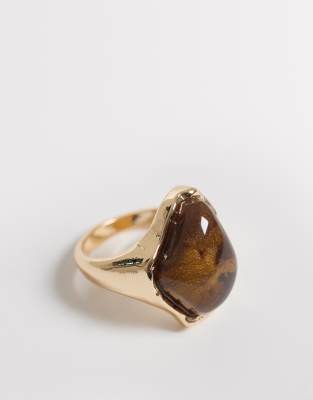Asos Design Ring With Faux Tigers Eye In Gold