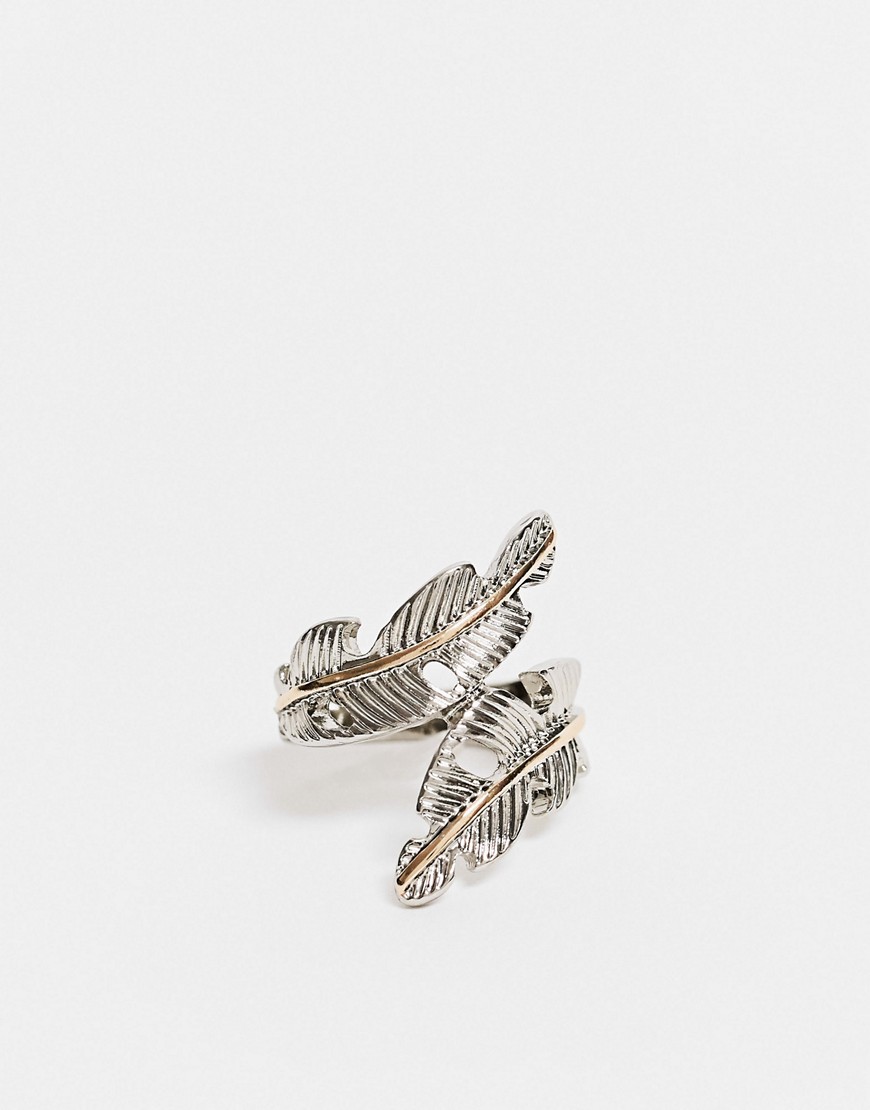 ASOS DESIGN ring with feather design in gold and silver tone-Multi