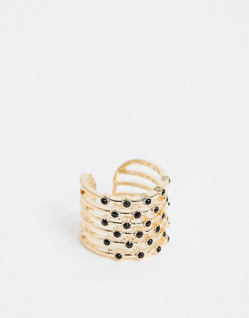 ASOS DESIGN ring with fine black crystal stones in gold tone