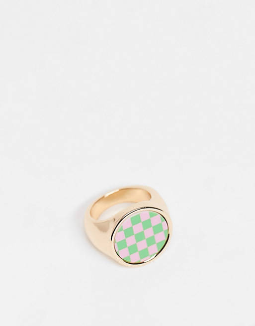 ASOS DESIGN ring with green and pink checkboard design in gold tone