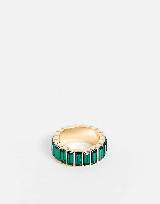 ASOS DESIGN ring with green baguette crystal stones in gold tone