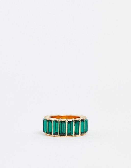 ASOS DESIGN ring with green baguette crystal stones in gold tone, 4 of 4