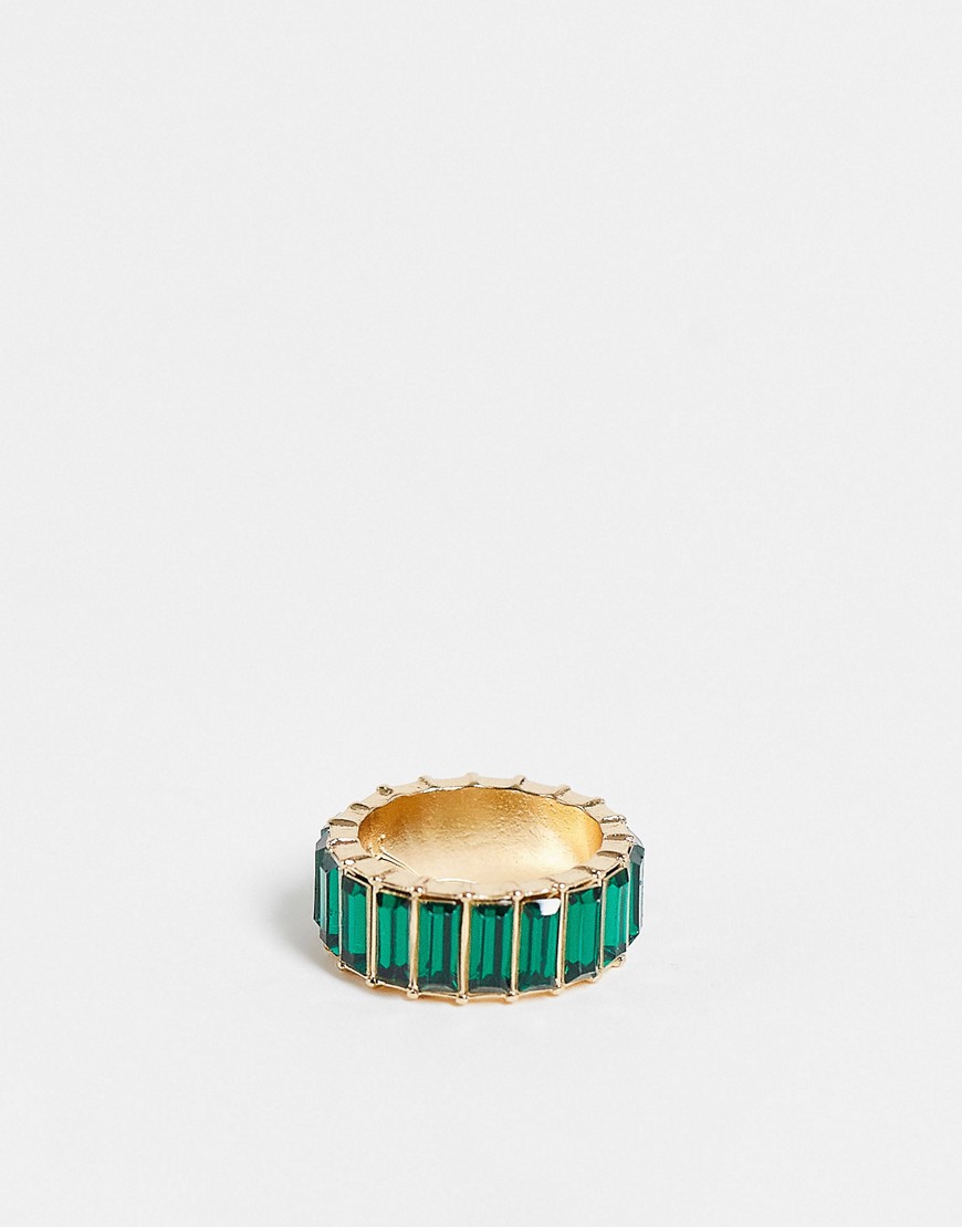 ASOS DESIGN ring with green baguette crystal stones in gold tone