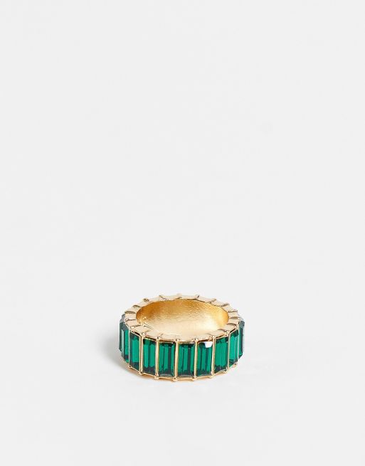 ASOS DESIGN ring with green baguette crystal stones in gold tone | ASOS