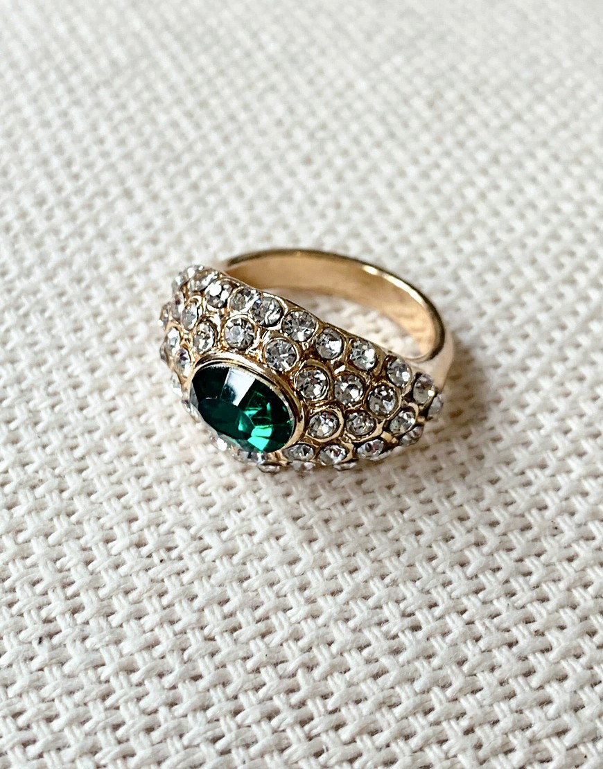 ASOS DESIGN ring with green crystal in gold tone