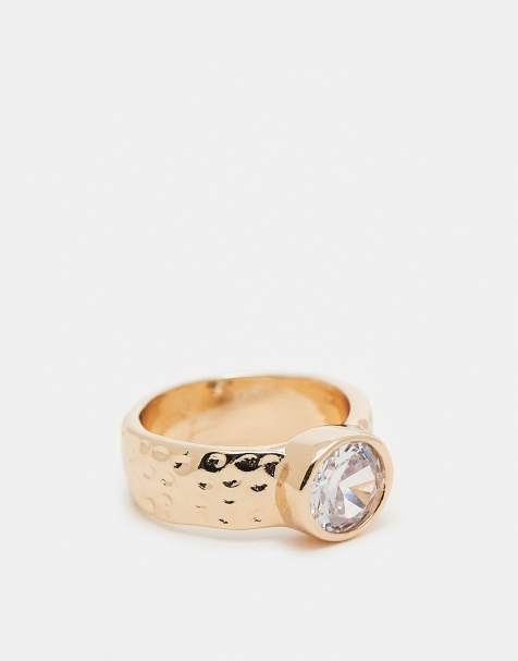 ASOS DESIGN ring with hammered band and cubic zirconia crystal in gold tone - view 1