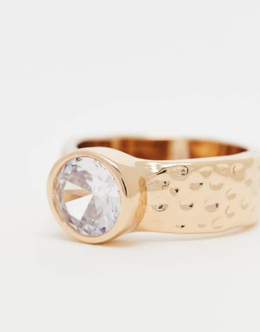 ASOS DESIGN ring with hammered band and cubic zirconia crystal in gold tone, 2 of 3