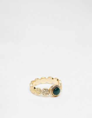 ASOS DESIGN ring with hammered disk and emerald style stone in gold tone