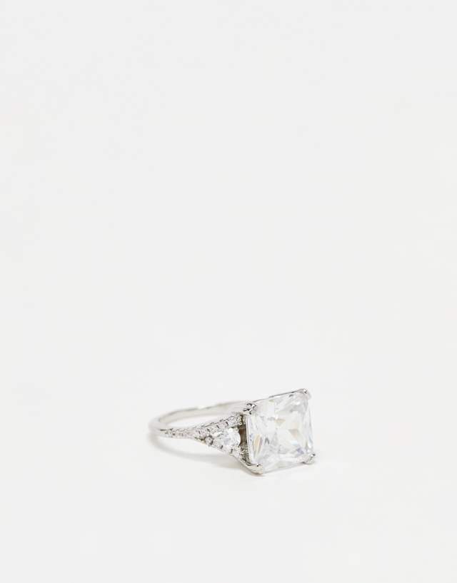 ASOS DESIGN ring with large cubic zirconia square crystal in silver tone