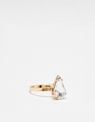 ASOS DESIGN ring with mini teardrop crystal in gold tone