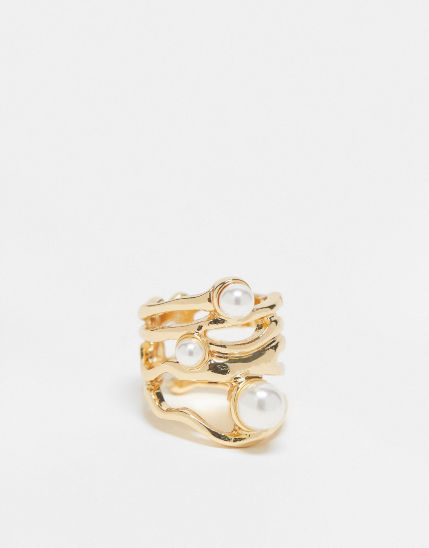 ASOS DESIGN ring with molten design and faux pearl in gold tone