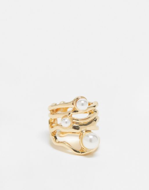  ASOS DESIGN ring with molten design and faux pearl in gold tone