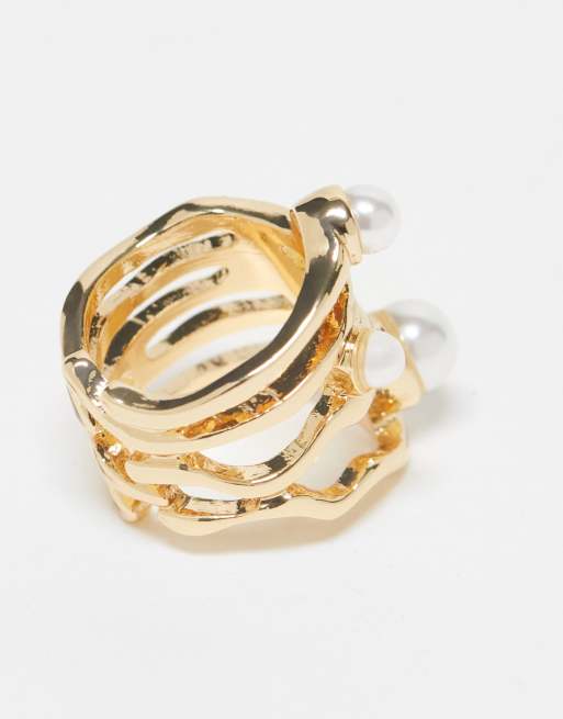 ASOS DESIGN ring with molten design and faux pearl in gold tone, 4 of 4