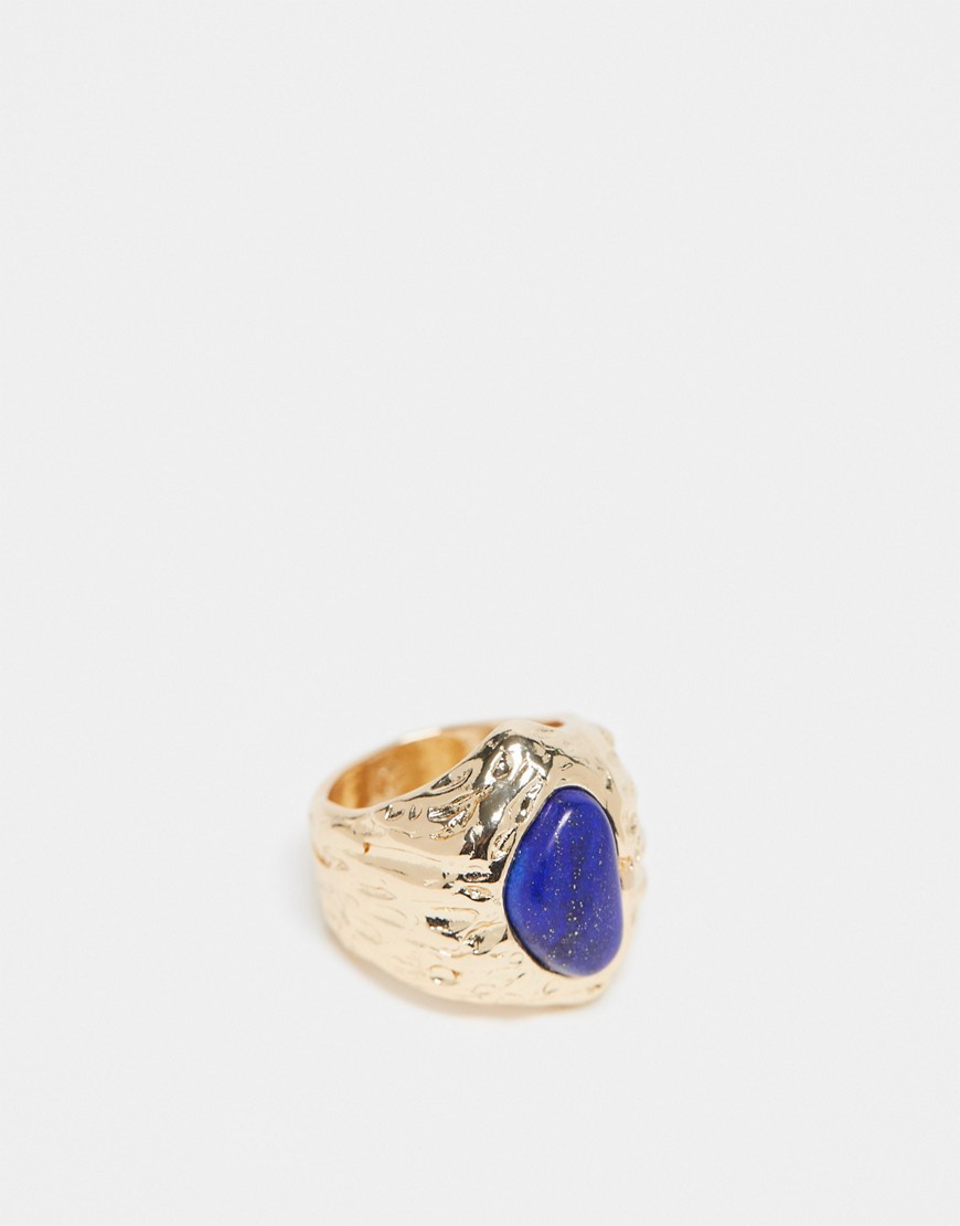 Asos Design Ring With Molten Design And Real Semi Precious Stone In Vintage Style Gold