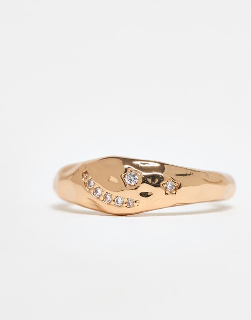 ASOS DESIGN ring with molten texture and cubic zirconia stones in gold tone, 2 of 3