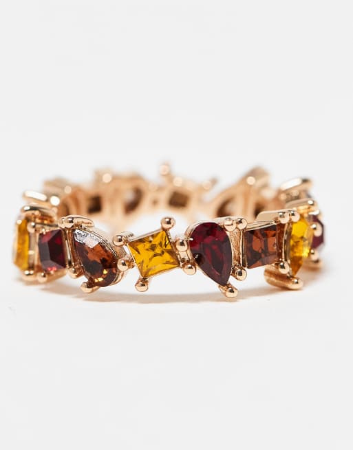 ASOS DESIGN ring with multi-colored crystals in gold tone