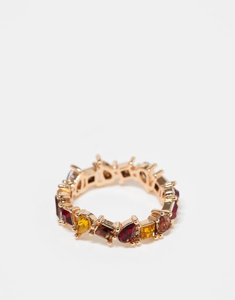 ASOS DESIGN ring with multi-coloured crystals in gold tone - view 1