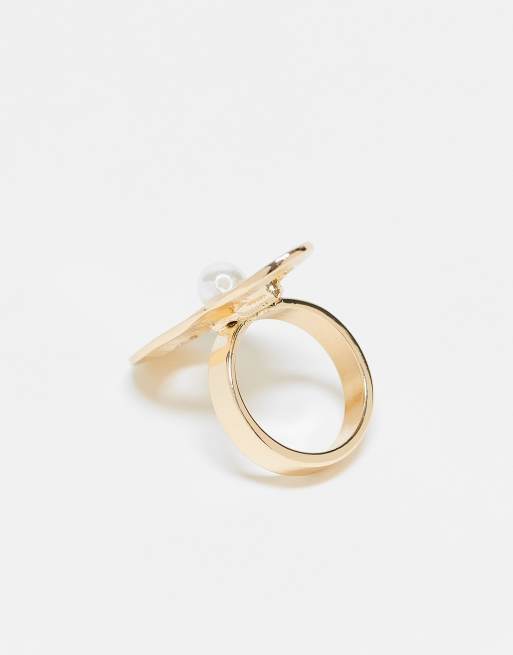 ASOS DESIGN ring with oval and faux pearl detail in gold tone, 2 of 3