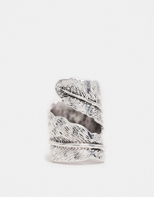 ASOS DESIGN ring with oversized feather design in silver tone