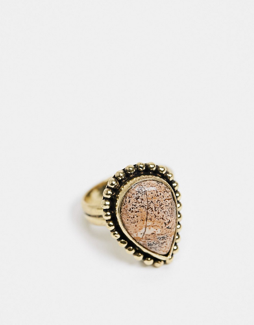 ASOS DESIGN ring with picture jasper semi precious stone in burnished gold tone