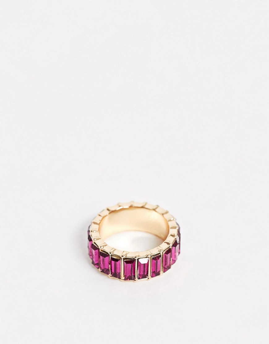 ASOS DESIGN ring with pink baguette crystal stones in gold tone