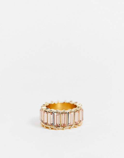ASOS DESIGN ring with pink baguette stones in gold tone