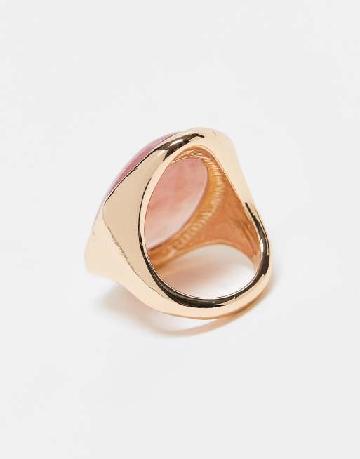 ASOS DESIGN ring with pink faux semi precious style stone in gold tone, 2 of 3