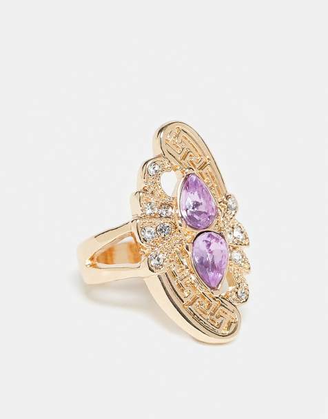 ASOS DESIGN ring with purple faux-stone setting in gold tone - view 1
