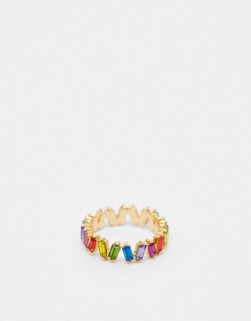 ASOS DESIGN ring with rainbow baguette crystals in gold tone - GOLD