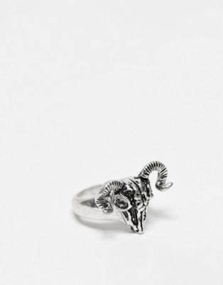 ASOS DESIGN ring with ram skull design in burnished silver tone