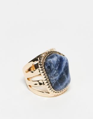 ASOS DESIGN ring with real semi precious lapis stone with molten design in gold tone