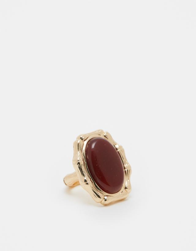 ASOS DESIGN - ring with real semi precious stone and bamboo design in gold tone