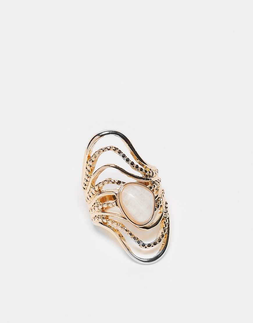 ASOS DESIGN ring with real semi precious style stone and wave design in gold tone