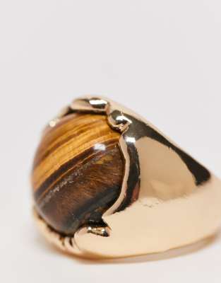 Asos Design Ring With Real Semi Precious Tigers Eye Stone In Gold