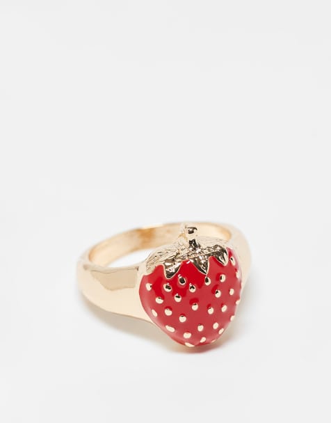 ASOS DESIGN ring with red enamel strawberry in gold tone - view 1