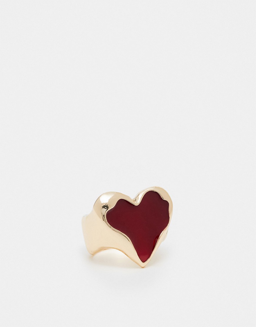 ASOS DESIGN ring with red resin heart design in gold tone