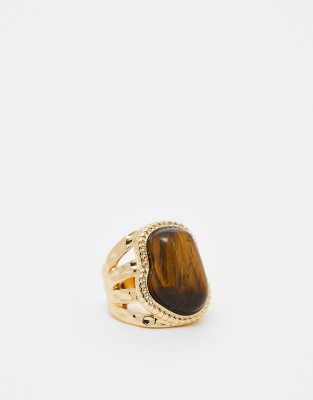  ASOS DESIGN ring with semi precious tigers eye stone with molten design in gold tone - GOLD