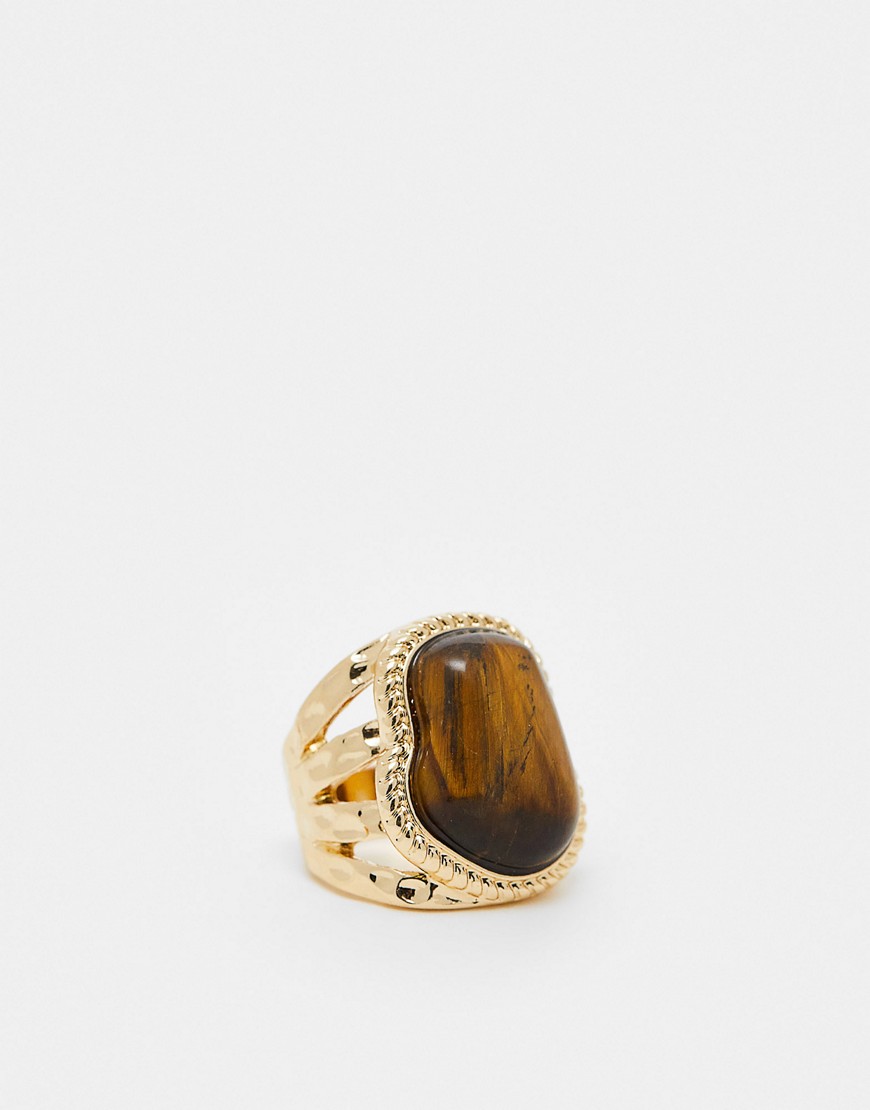 Asos Design Ring With Semi Precious Tigers Eye Stone With Molten Design In Gold Tone