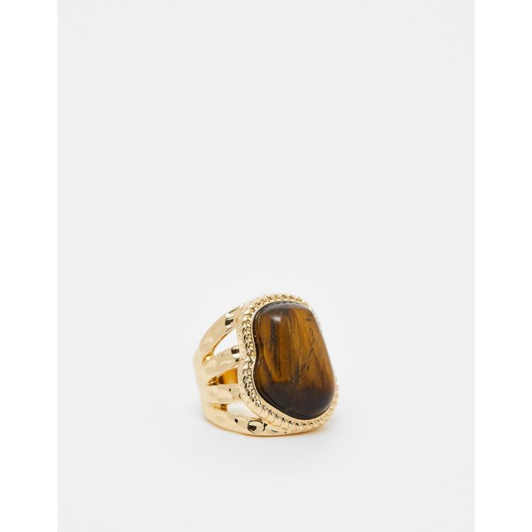 ASOS DESIGN ring with semi precious tigers eye stone with molten design in  gold tone | ASOS