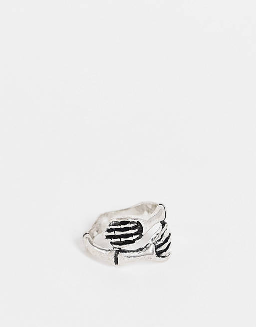 ASOS DESIGN ring with skeleton arms design in burnished silver tone