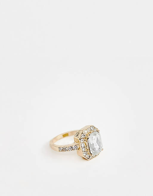 ASOS DESIGN ring with square jewel and crystal band in gold