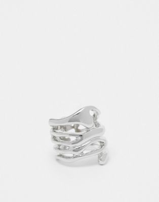 Asos Design Ring With Stacked Molten Design In Silver Tone