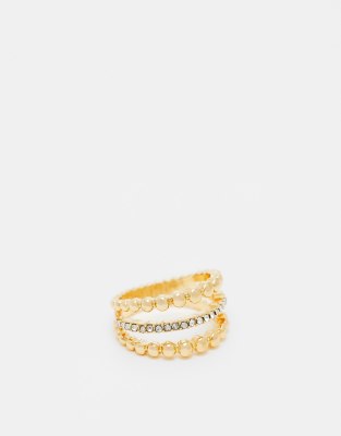 ASOS DESIGN ring with stacking design with crystal and ball detail in gold tone