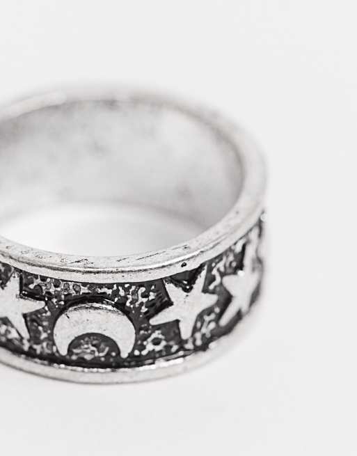 ASOS DESIGN ring with star and moon detail in burnished silver tone, 2 of 4