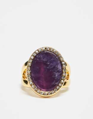 ASOS DESIGN ring with statement faux precious stone and crystal detail in gold tone