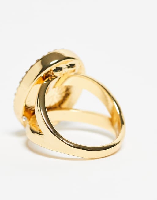 ASOS DESIGN ring with statement faux precious stone and crystal details in gold tone