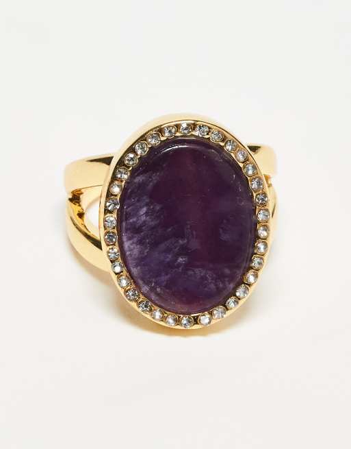 ASOS DESIGN ring with statement faux precious stone and crystal details in gold tone