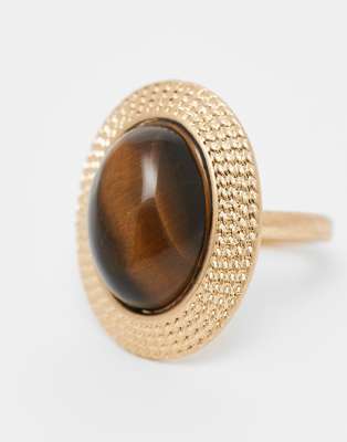 ring with tigers eye stone in gold tone